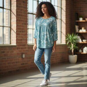 Weekend Suzanne Betro Womens Size 2X Blue Tie Dye Long Sleeve Blouse Top Shirt